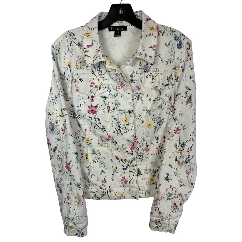 Renuar Garden Floral Print Denim Jacket White Pink Yellow Spring Size M